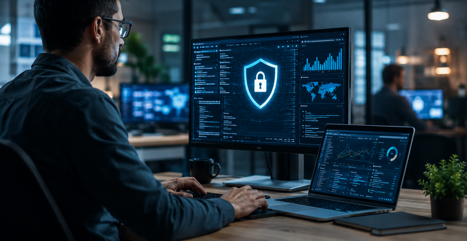 Profissional monitorando segurança digital em escritório moderno, com telas exibindo proteção contra ameaças online, gráficos de desempenho e sistemas de cibersegurança em ambiente corporativo tecnológico.