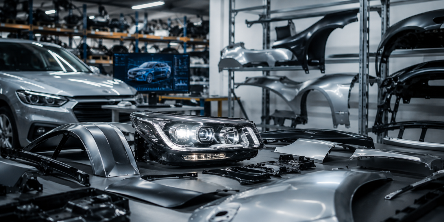 Farol automotivo moderno sobre bancada em oficina especializada, cercado por peças de lataria e componentes de reposição em ambiente industrial tecnológico e organizado.
